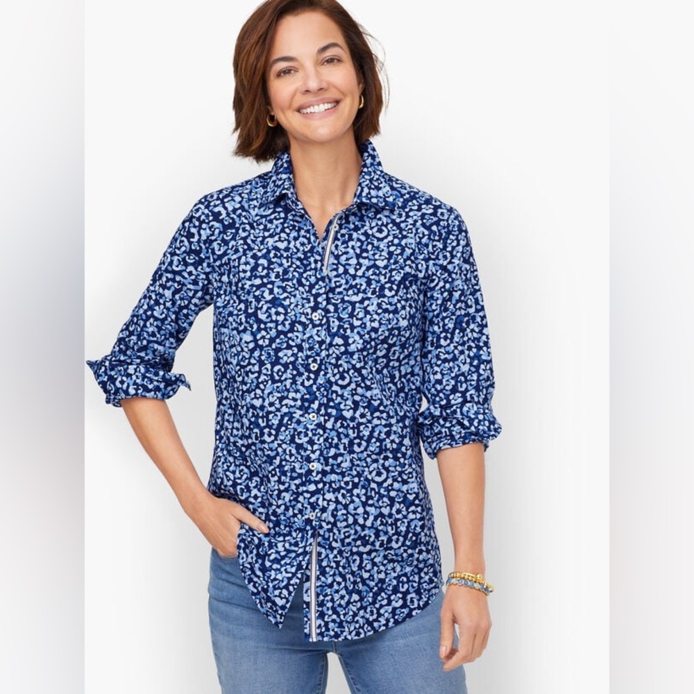 Talbots Abstract Leopard Cotton Button Front Shirt